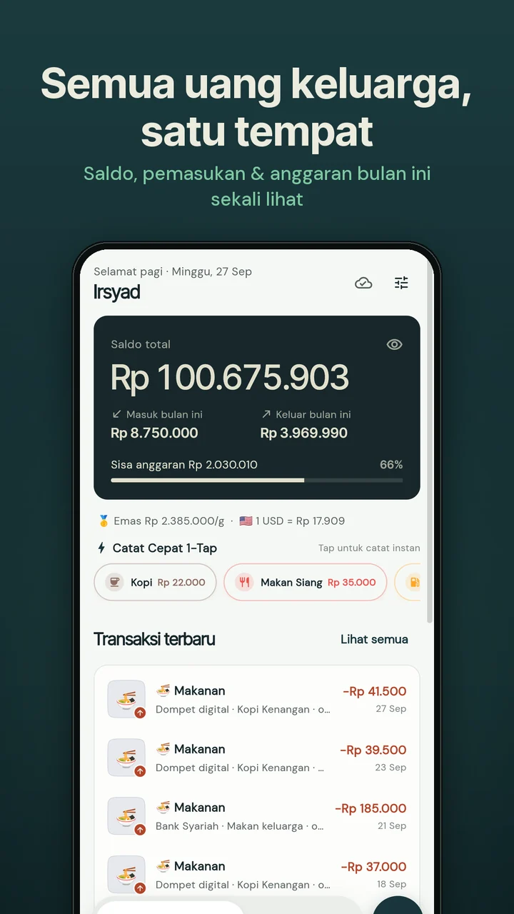 Irsyads Wallet — Beranda: Semua uang keluarga, satu tempat.