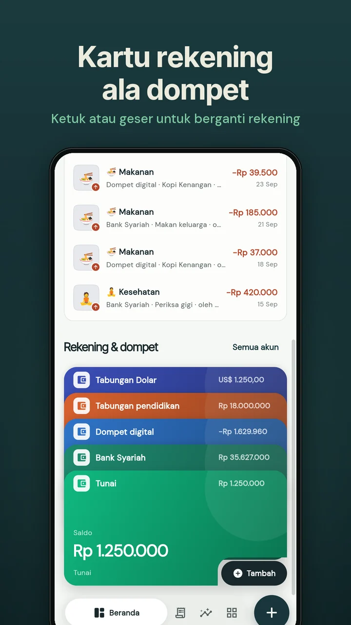 Irsyads Wallet — Rekening & dompet: Kartu rekening ala dompet, geser untuk berganti.